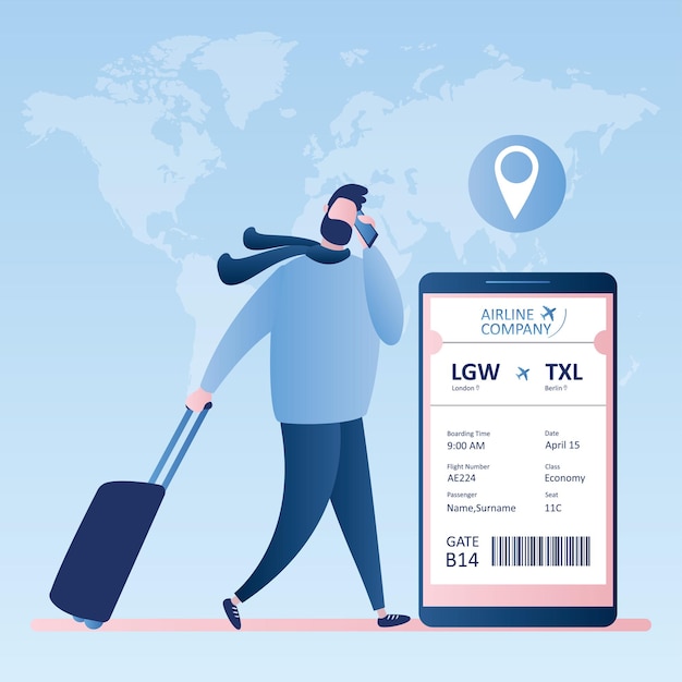 Male hipster travellerand smartphone checkin en línea billete de tarjeta de embarque de la aerolínea con código de barras