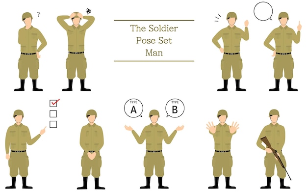 Male Soldier Pose Set cuestionando preocupante animando a señalar, etc.
