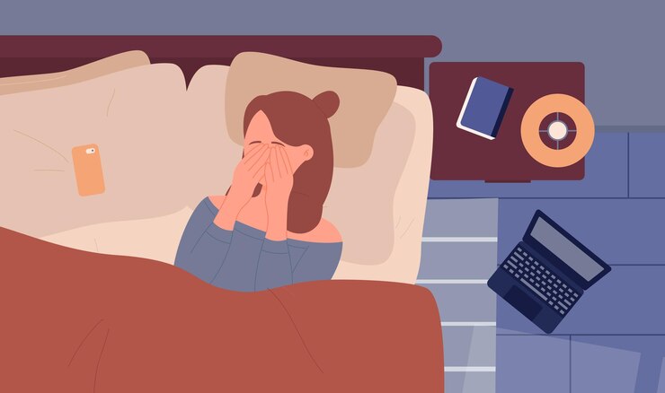 Vector malestar triste niña acostada en la cama depresión insomnio niña en la cama sufriendo problemas mentales