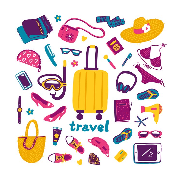 Vector maleta amarilla con cosas de mujer para viajes o vacaciones. conjunto de cosas para viajar. diseño plano, ilustración aislada. clipart