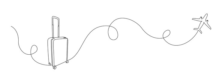 Vector maleta y avión en un dibujo de línea continua vacaciones con equipaje y concepto de equipaje de viaje en estilo lineal simple viaje aéreo y pancarta de viaje ilustración de vector de contorno de garabato
