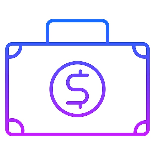 una maleta azul y púrpura con un signo de dólar en ella