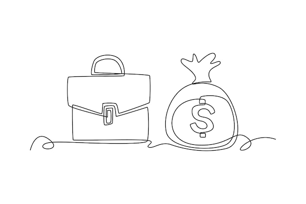 Maleta de dibujo de una sola línea y bolsa de dinero Concepto de alfabetización financiera Ilustración de vector gráfico de diseño de dibujo de línea continua