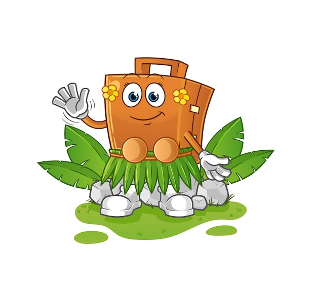 Maleta personaje ondeando hawaiano. vector de mascota de dibujos animados