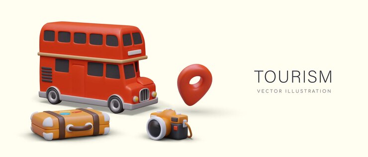 Vector maleta roja de autobús de dos pisos con pegatinas turísticas de la cámara geo pin