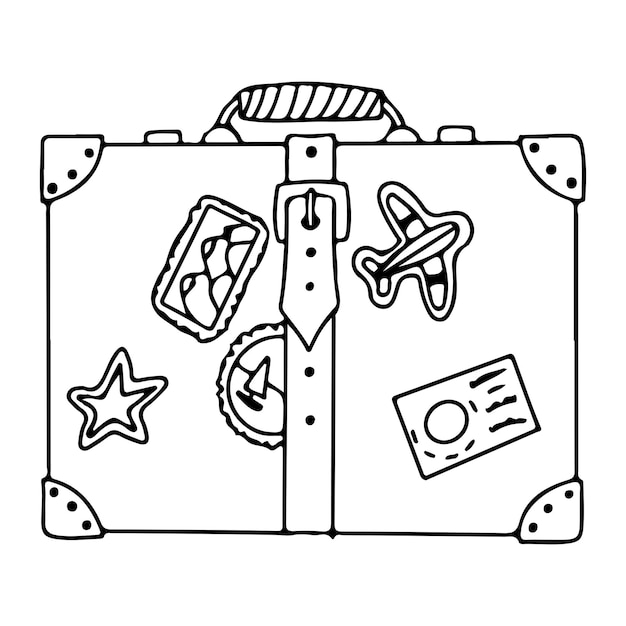 Maleta para viajar equipaje de mano Bolso Ilustración vectorial sobre fondo blanco en estilo doodle Página para colorear de maletas