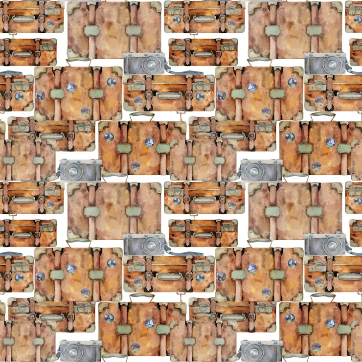 Vector maletas equipaje equipaje con pegatinas iconos alfileres vieja cámara fotográfica acuarela arte dibujado a mano patrón sin costuras diseño para turismo viaje folleto guía de boda tarjeta de impresión tatuaje