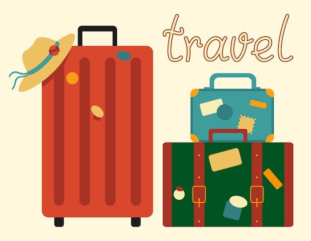 Maletas Con Sellos. Concepto de equipaje de viaje con ilustración vectorial de letras en estilo plano