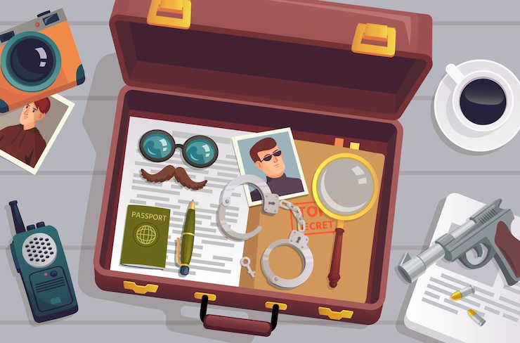 Vector maletín de detective maleta abierta con equipo de investigación de herramientas de vigilancia espía en el escritorio de la policía agente secreto bolsa carpeta de equipaje archivos misión ingeniosa ilustración vectorial