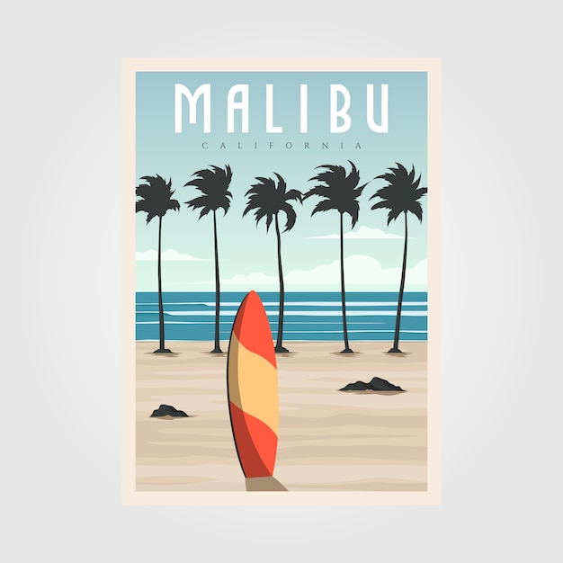 Malibu california beach vintage, cartel de viaje de surf