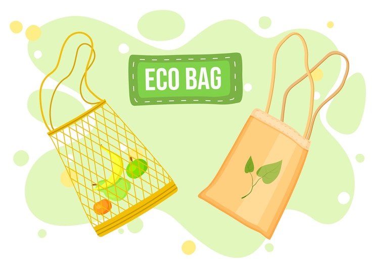 Vector malla de bolsa textil ecológica o bolsa de red con frutas frescas en fondo plano verde con bolsa ecológica de texto