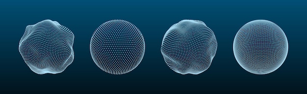 Malla de esfera 3D Formas de globo con puntos y cuadrícula de líneas modelos de estructura de alambre orbe concepto futurista de matriz Bolas poligonales digitales con partículas conjunto de vectores Superficies abstractas físicas