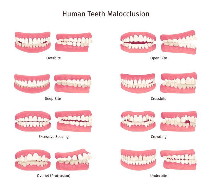Vector maloclusión muerco abierto del diente protuberante de la boca problema de mandíbula ortodoncia infografía mordida excesiva mordida inferior de los dientes humanos anatomía de la estructura dental odontología ilustración elegante