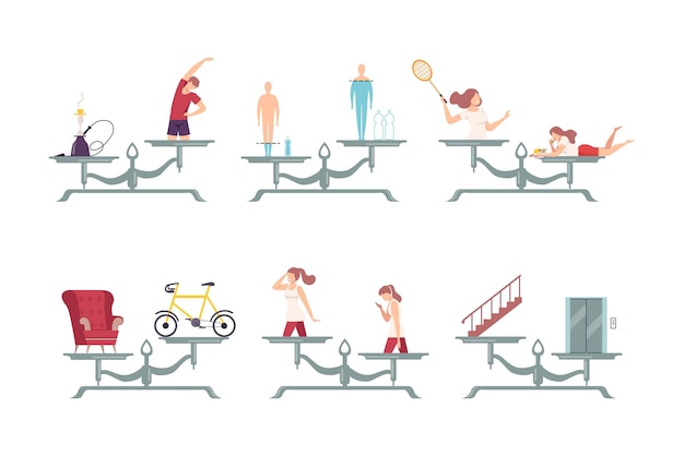 Malos y buenos hábitos conjuntos personajes masculinos y femeninos eligiendo entre un estilo de vida saludable y no saludable ilustración vectorial plana