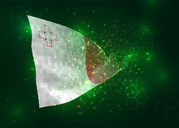 Malta en vector 3d bandera sobre fondo verde con polígonos y números de datos