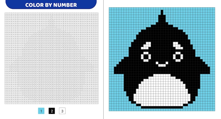 Vector malvavisco de ballena asesina color por número libro de colorear de píxeles cuadrados numerados juego para niños arte de píxeles ilustración vectorial aislada, pasos 10