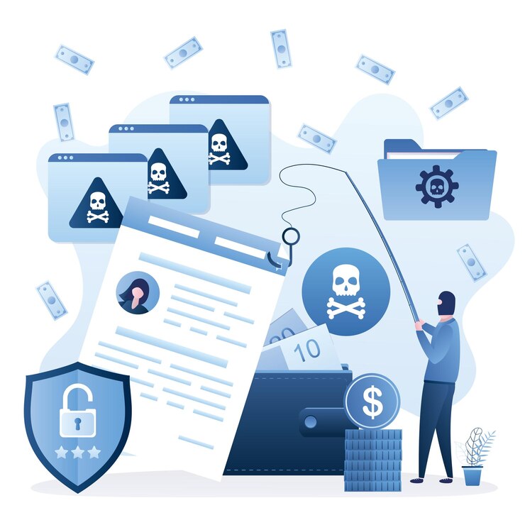 Vector malware de estafa en línea y phishing de contraseñas hacker gracioso con máscara roba información de vector plano