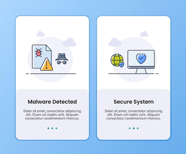 Malware de seguridad de Internet detectado y plantilla de incorporación de sistema seguro para la ilustración de vector de diseño de aplicación de interfaz de usuario móvil