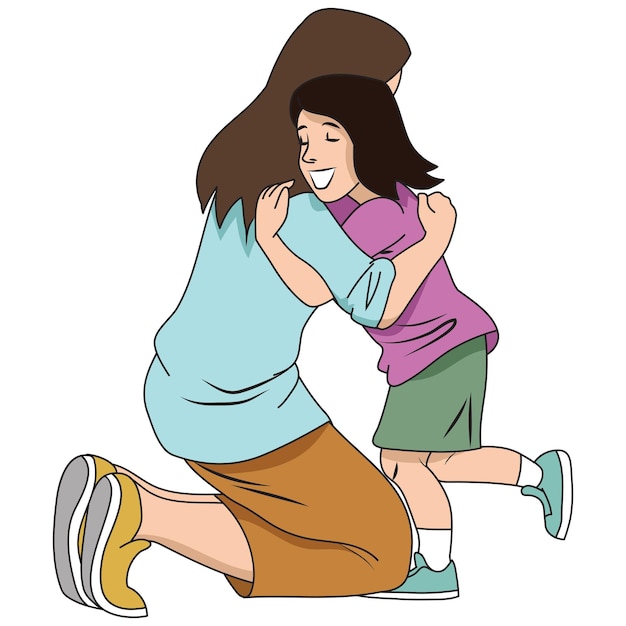 Mamá abraza a la niña porque la extraña