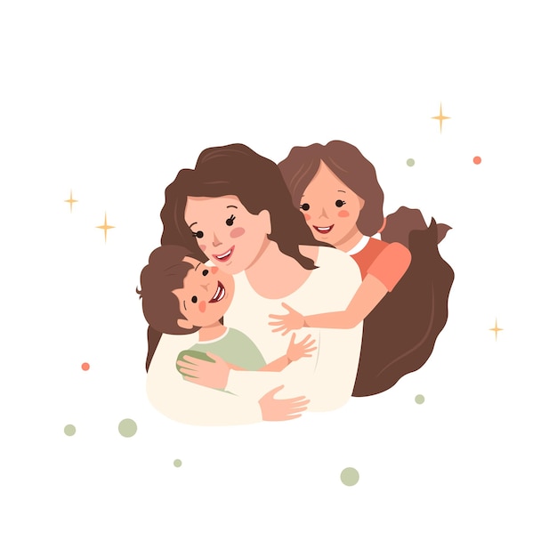 Mamá abraza a su hijo e hija Familia feliz Amor de mamá por los niños Día internacional de la maternidad Día de la mujer Crianza y cuidado