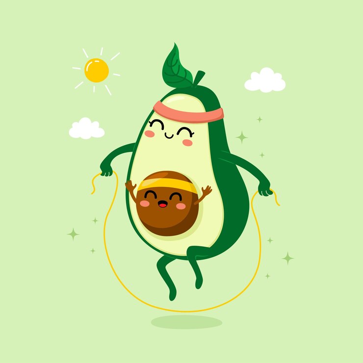 Vector mamá con aguacate bebé jugando a saltar la cuerda