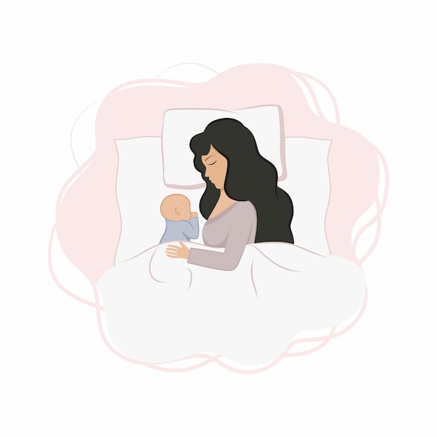 Mamá y bebé recién nacido están acostados en la cama y duermen. Mamá duerme con un niño pequeño. La maternidad y el cuidado del bebé, un sueño saludable juntos. Ilustración de dibujos animados plano de vector.
