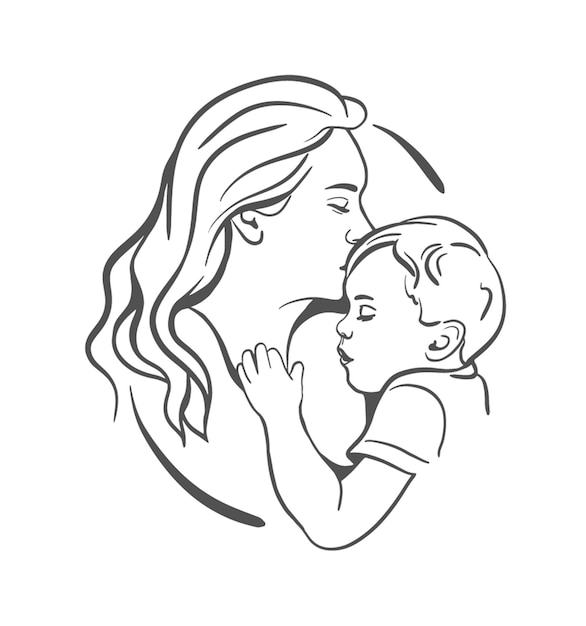 Mamá y bebé. silueta realista. Bosquejo. La madre abraza al niño. El concepto de amor, maternidad.