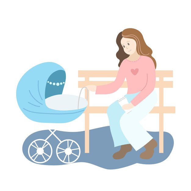 Mamá con el cochecito azul del bebé Ilustración vectorial