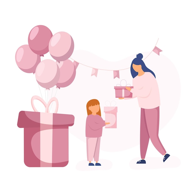 Mamá e hija celebrando el cumpleaños Personajes de pie cerca de globos y caja de regalo de cumpleaños