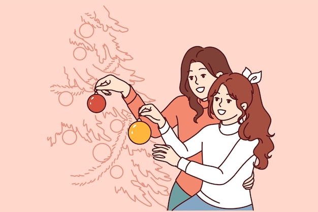 Mamá e hija decoran el árbol de Navidad decorando ramas con bolas de regalo y guirnaldas