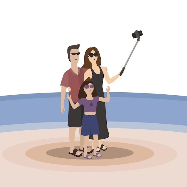 Mamá e hija con gafas de sol en la playa contra el fondo del mar o el lago son fotografiados con un palo de selfie
