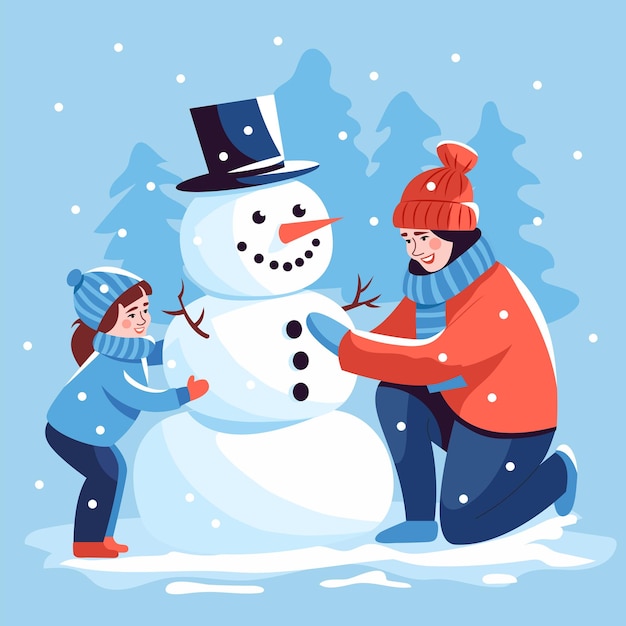 Mamá e hija hacen un muñeco de nieve en invierno Una niña y una mujer se están divirtiendo con la nieve Vector i