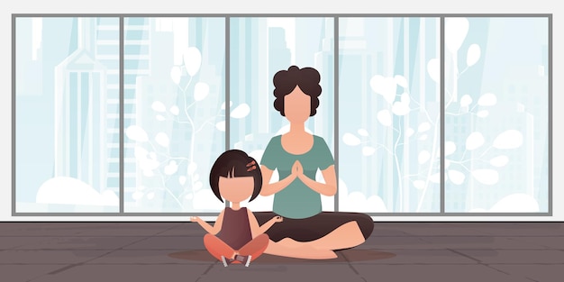 Vector mamá e hija hacen yoga juntos diseño en estilo de dibujos animados ilustración vectorial