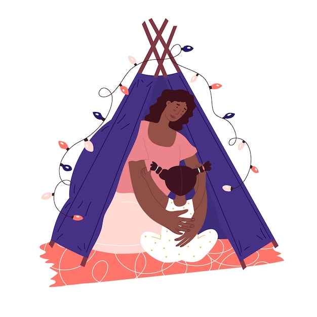 Mamá e hija juegan en el tipi casero madre soltera piel negra personas luces mami mamá