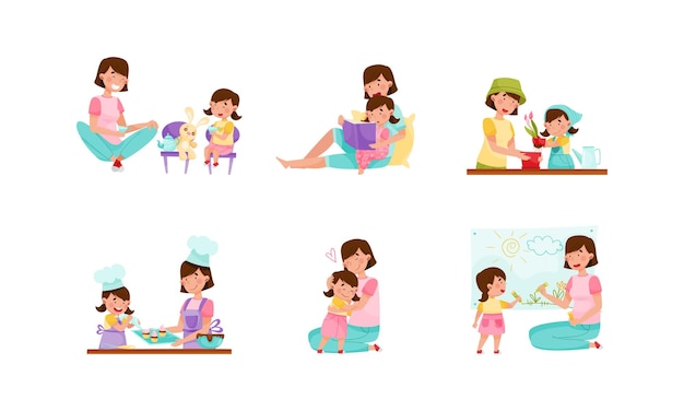 Mamá e hija leyendo libros horneando pasteles abrazándose y dibujando conjuntos de ilustraciones vectoriales