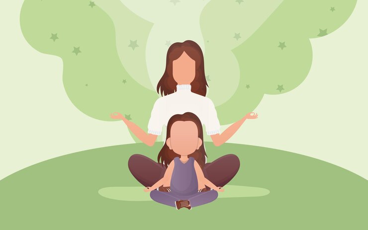 Vector mamá e hija meditan en posición de loto estilo de dibujos animados estilo de vida deportivo vector