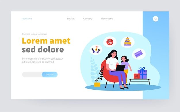 Mamá e hija preparándose para la fiesta de cumpleaños de las niñas. Madre comprando pastel y regalos en línea ilustración vectorial plana. Compras, concepto de celebración para banner, diseño de sitios web o página web de destino