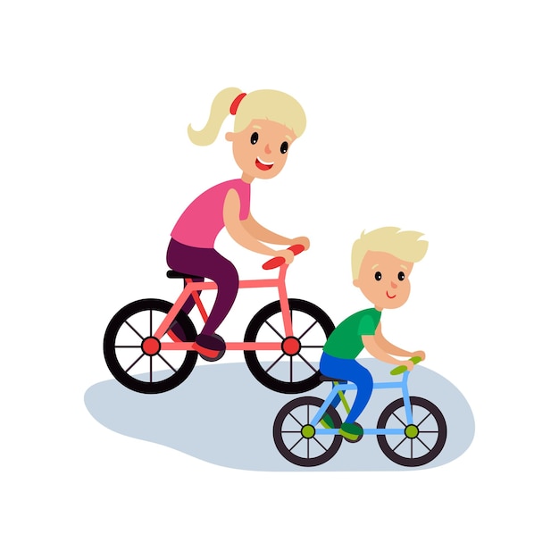 Mamá e hijo andando en bicicleta, deporte familiar y actividad física con niños vector ilustración aislada sobre fondo blanco