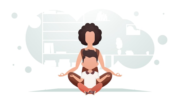 Mamá e hijo están sentados en la habitación meditando en posición de loto Meditación Estilo de dibujos animados