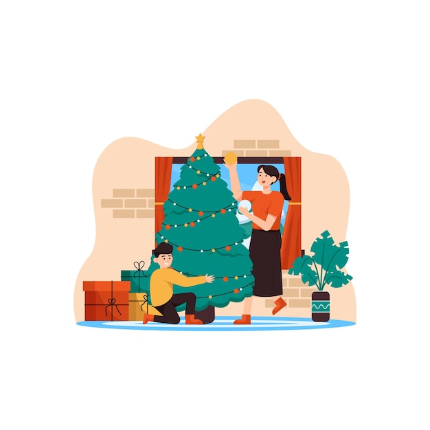 Vector mamá e hijo haciendo ilustración de árbol de navidad