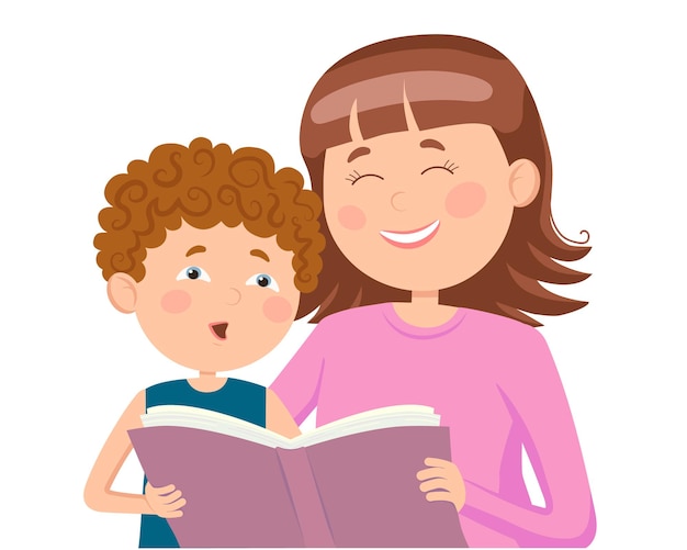 Mamá enseña a su hijo a leer un libro ilustración vectorial en un estilo plano