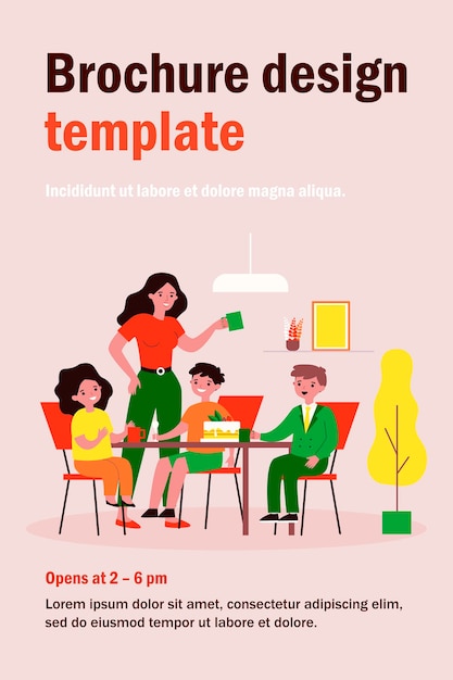 Mamá y grupo de niños bebiendo té y comiendo pastel. Postre, fiesta del té, ilustración plana de hermanos. Familia, celebración, concepto de infancia