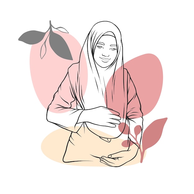 Mamá hijab embarazada dibujada a mano en estilo de arte lineal