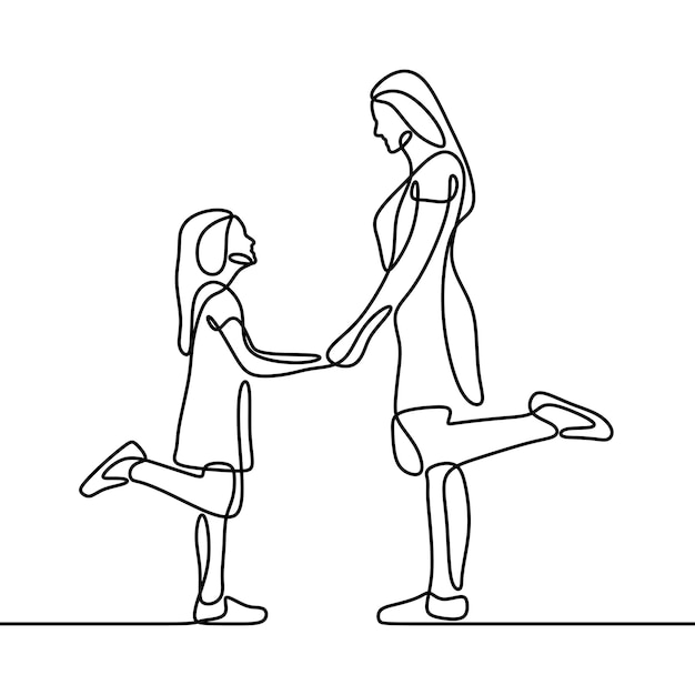 Mamá juega con su hija en línea continua arte de una sola línea