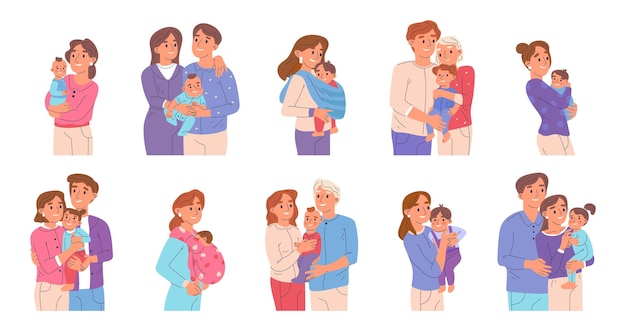 Mamá y papá llevando bebé recién nacido familia de padres felices con conjunto de ilustración de símbolos de vector de niño