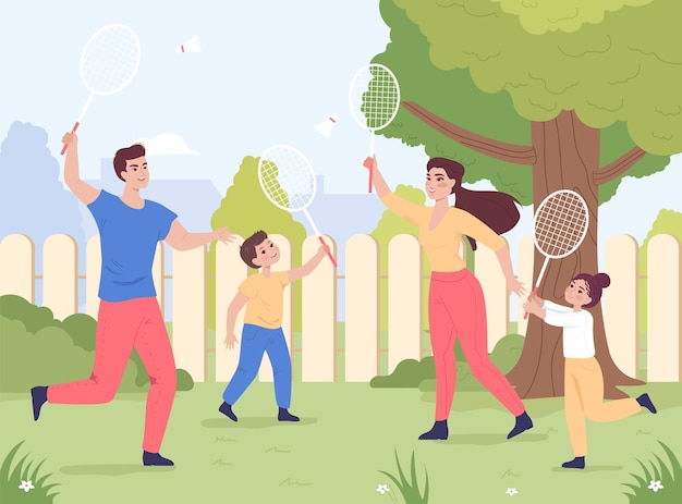 Mamá papá y niños activos jugando al bádminton en el patio