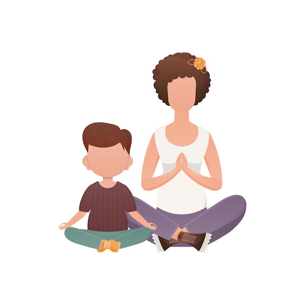 Mamá y su hijo pequeño están sentados y haciendo yoga Estilo de dibujos animados aislado