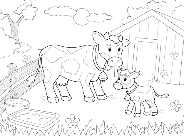 Mamá vaca y becerro en el patio agrícola Libro de colorear para niños