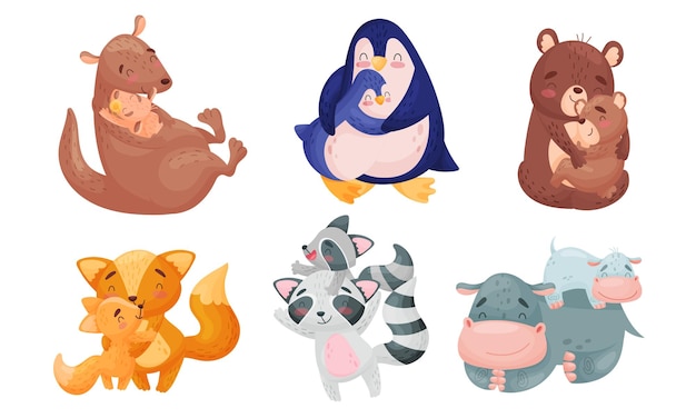 Mamás animales del zoológico con sus crías abrazándolas y acurrucándolas Conjunto vectorial
