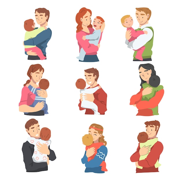 Mamás y papás jóvenes abrazando a sus bebés pequeños Set Parenting and Kids Care Ilustración vectorial de dibujos animados